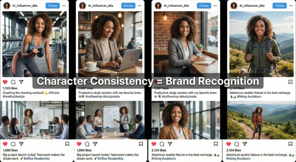 How to Make Money Using Nano Banana AI - Complete 2026 Guide 7 AI influencer character consistency example showing same virtual persona across multiple social media posts