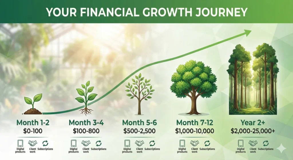 How to Make Money Using Nano Banana AI - Complete 2026 Guide 10 Passive income timeline showing realistic earnings progression over 12 months using Nano Banana AI