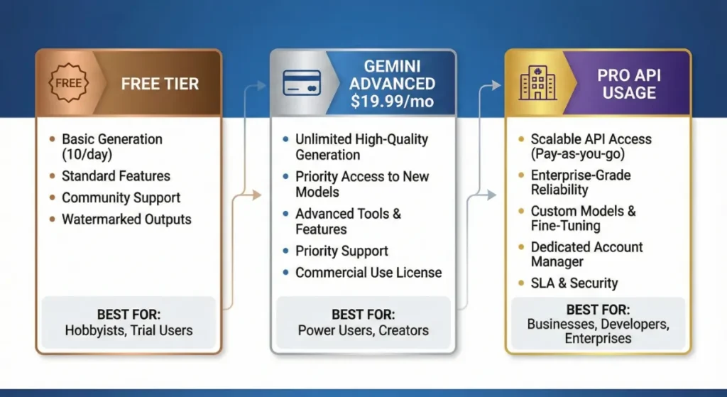 How to Make Money Using Nano Banana AI - Complete 2026 Guide 2 Nano Banana AI pricing tiers infographic showing free, paid, and professional options for monetization