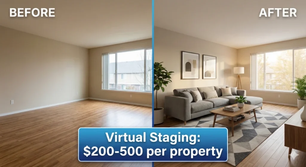 How to Make Money Using Nano Banana AI - Complete 2026 Guide 8 Real estate virtual staging before and after example using Nano Banana AI for property enhancement