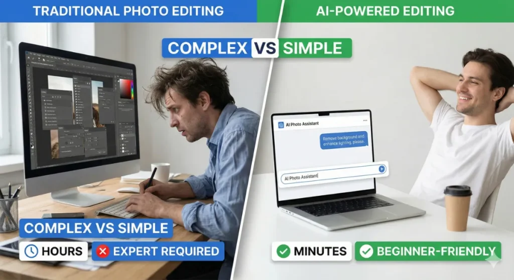 How to Make Money Using Nano Banana AI - Complete 2026 Guide 1 Comparison of traditional photo editing versus AI-powered Nano Banana editing showing simplified workflow for beginners