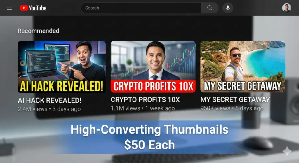 How to Make Money Using Nano Banana AI - Complete 2026 Guide 6 Professional YouTube thumbnail examples created with Nano Banana AI showing different niches and styles