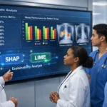 Healthcare professionals reviewing AI diagnostic algorithm performance metrics on digital display showing demographic fairness analysis and patient data visualization in modern medical facility