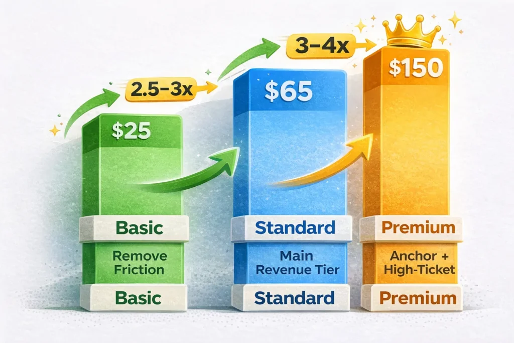 Fiverr Gig Pricing Strategy (2026): How to Structure Packages That Convert and Rank 3 Infographic Spec The Package Ratio Visual