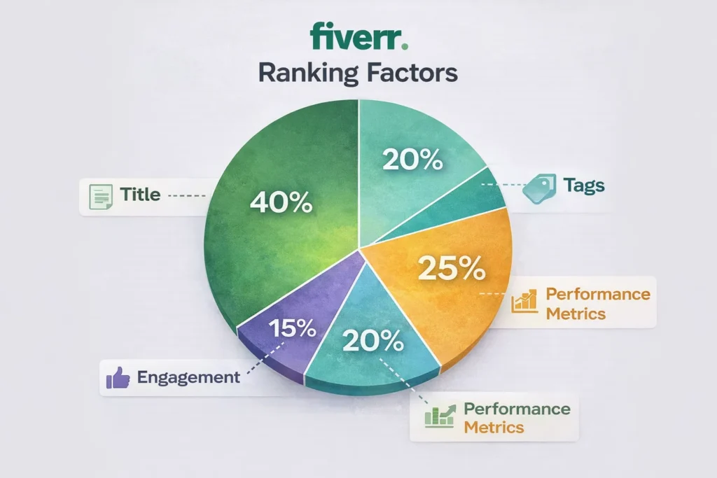 How to Get Your First Client on Fiverr (Beginner Strategy for 2026) 5 Infographic showing Fiverr ranking factors as weighted pie chart - Title (40%), Tags (20%), Performance Metrics (25%), Engagement (15%)
