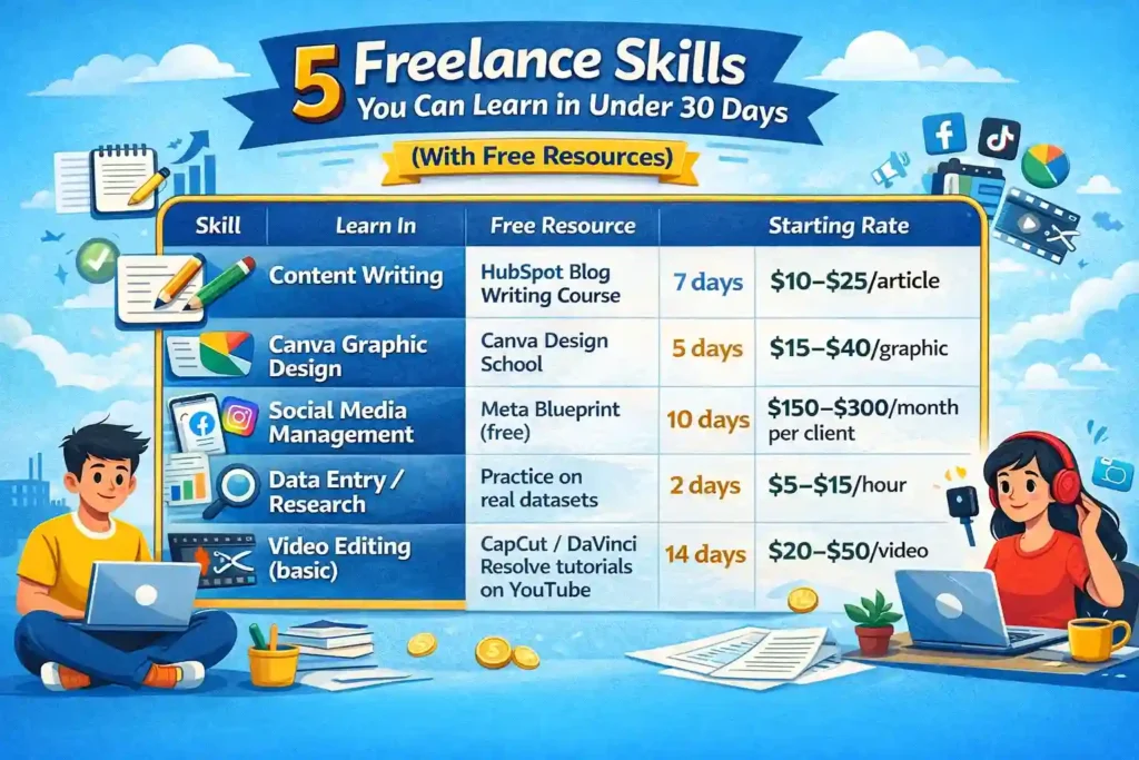 How to Start Freelancing Without Any Skills: Beginner Roadmap for 2026 2 5 Freelance Skills You Can Learn in Under 30 Days With Free Resources