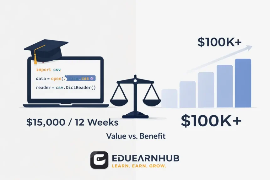 Infographic comparing data science bootcamp cost versus long-term salary benefit in 2026