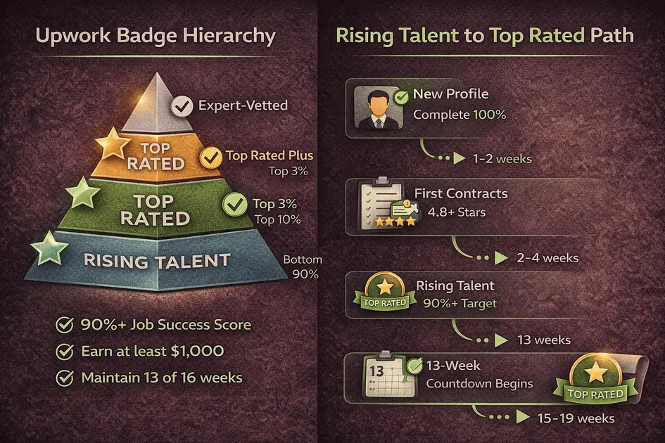 How to Get Upwork Top Rated in 2026 (13-Week Strategy + Top Rated Plus Guide) 2 Rising Talent to Top Rated Path