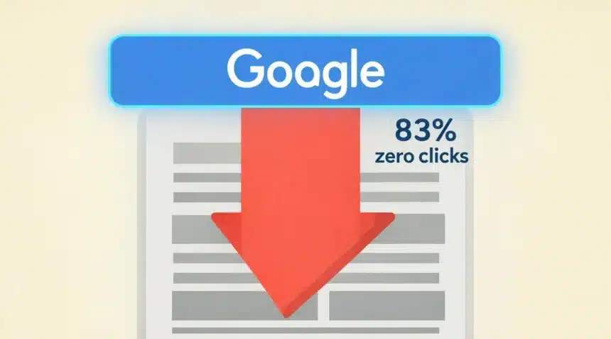 AI Overviews dominating Google search results page with organic results faded below, showing zero-click search impact in 2026